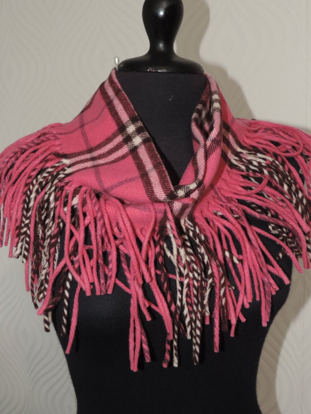 BURBERRY London 100% Cashmere Scarf Pink Plaid Double Fringe Made in Scotland